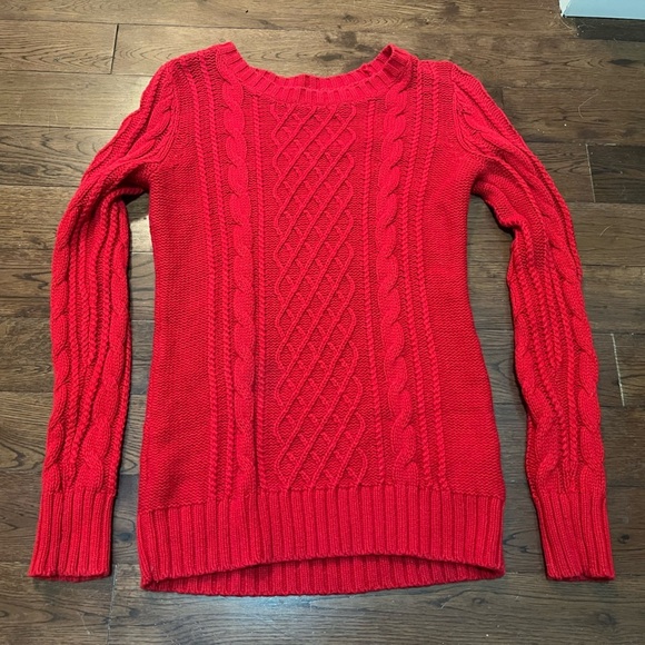 Red Cable Knit Crew Neck Pullover Cotton  Blend Sweater - Picture 2 of 6